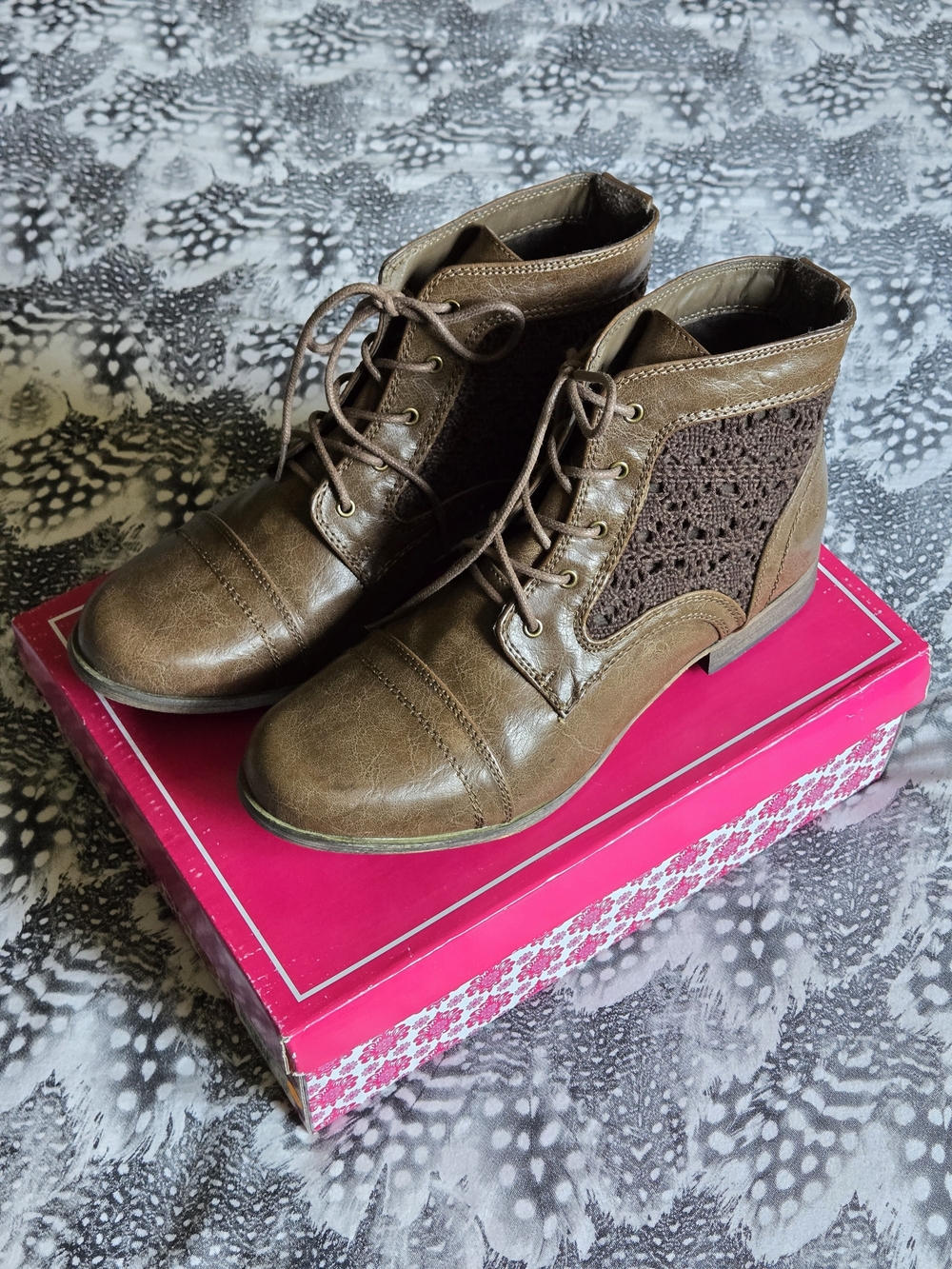 Wanted Taupe Crochet Motorcycle Lace-Up Ankle Boots Size 10